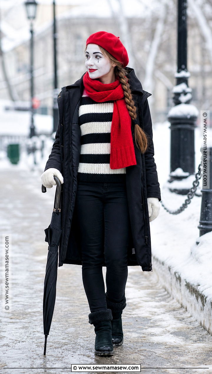 Winter Mime Costume With Striped Sweater - 30 Mime Costume Ideas for Women