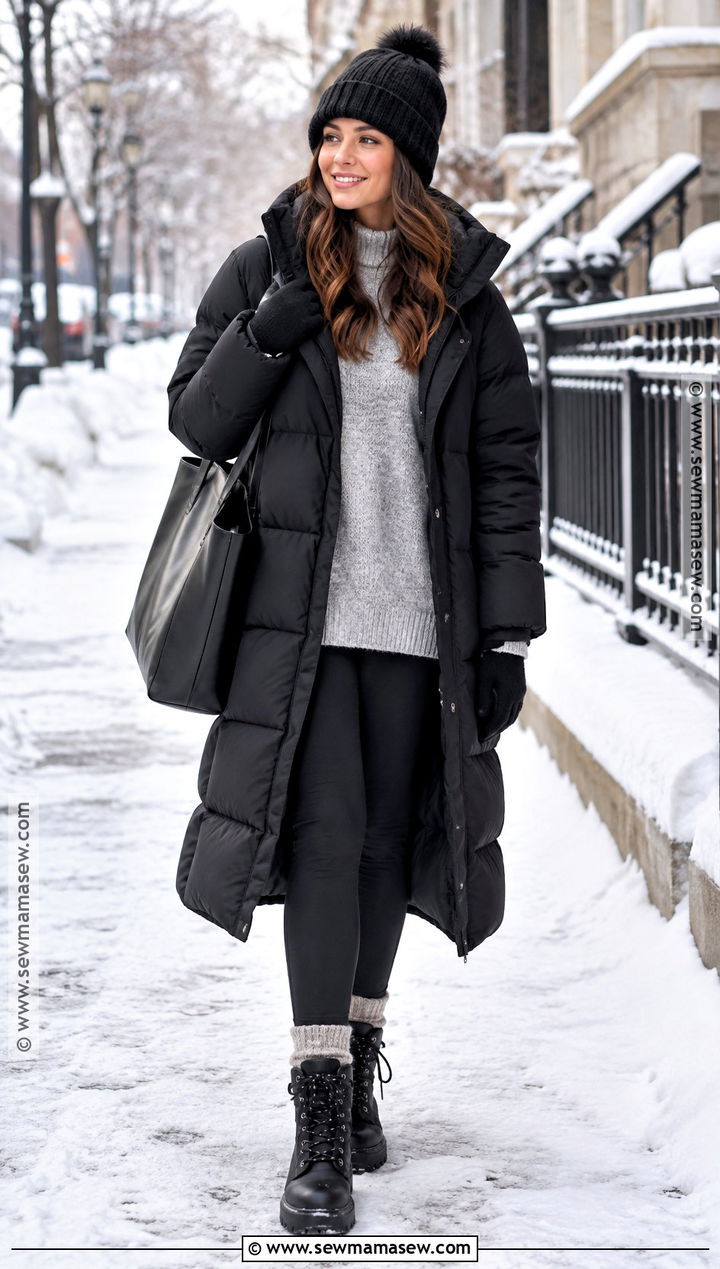 Winter Puffer Coat Outfit With Black Leggings - 25 winter fall outfits
