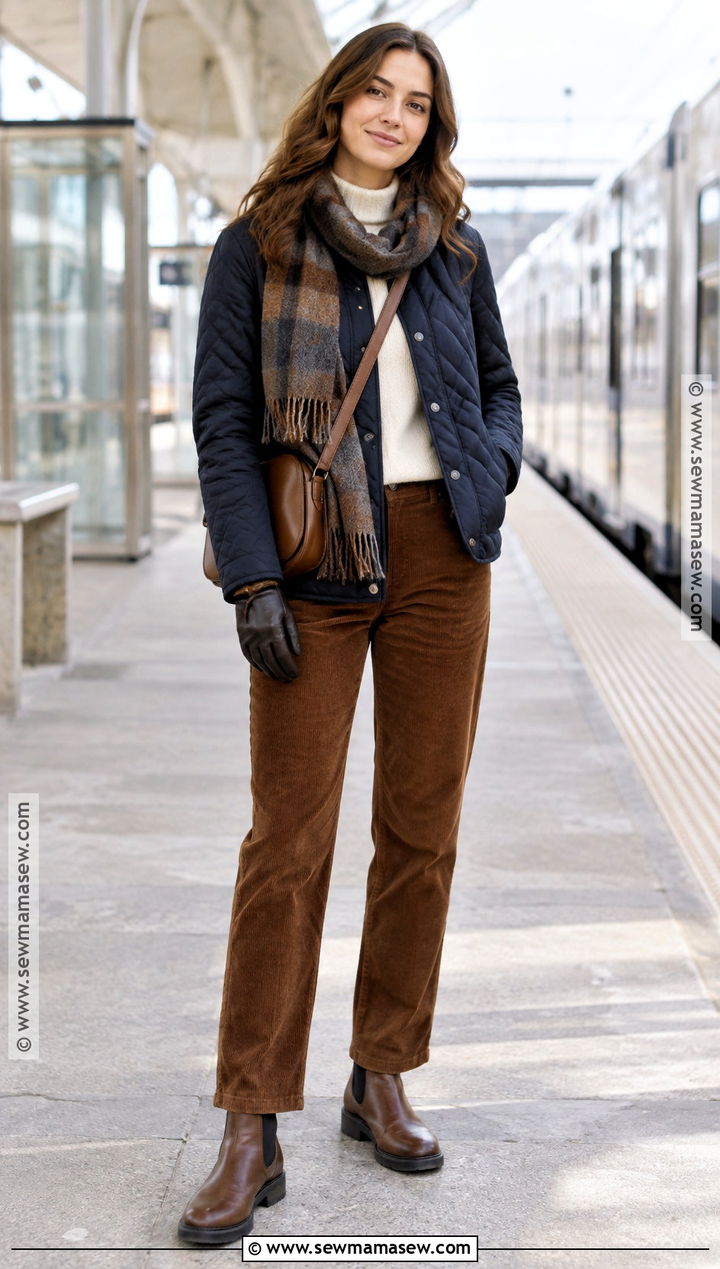 Winter Quilted Jacket Outfit With Corduroy Pants - 25 winter fall outfits
