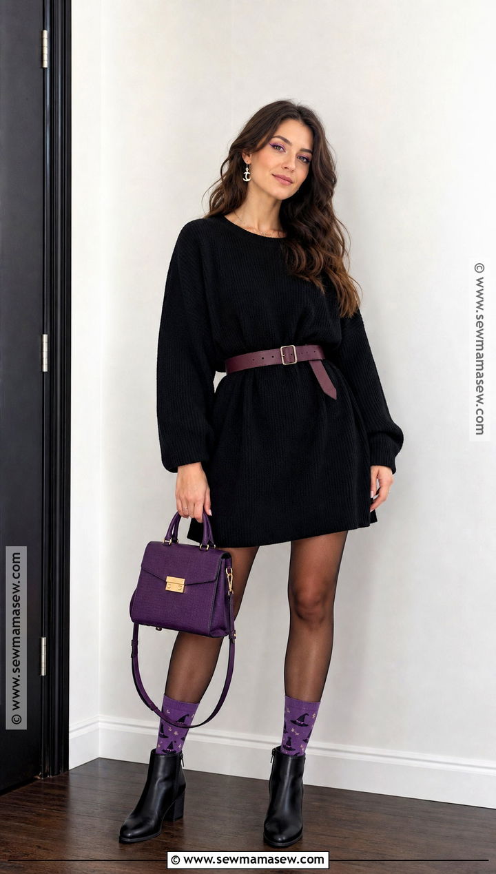 Witch Hat Halloween Socks With Sweater Dress Outfit - 30 Halloween Socks Ideas