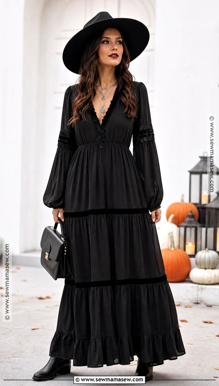 Witchy Black Maxi Halloween Dress With Buckled Boots - 30 halloween dresses