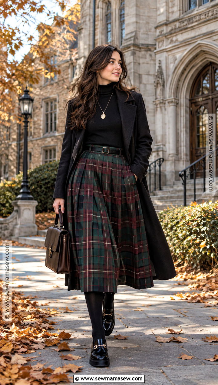 Witchy Black Turtleneck And Plaid Midi Skirt Outfit - 20 Witchy Outfits Fall