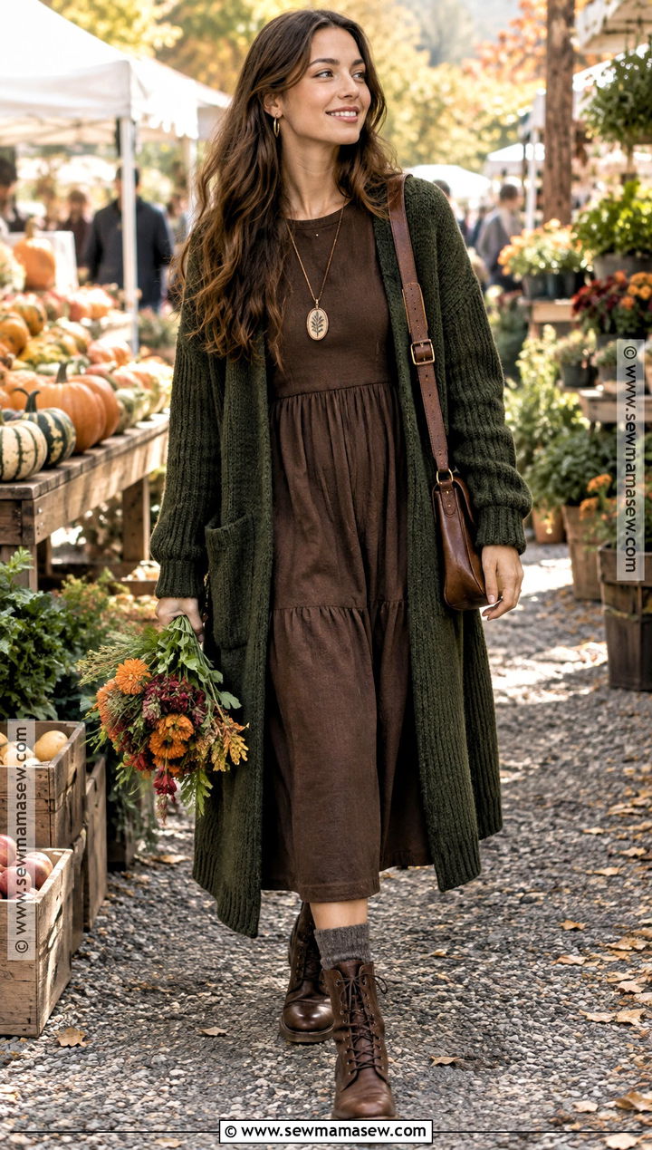 Witchy Brown Dress And Long Cardigan Outfit - 20 Witchy Outfits Fall
