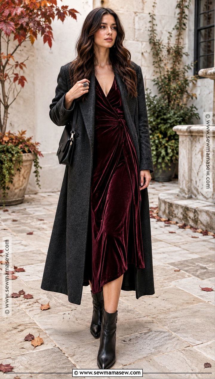 Witchy Burgundy Velvet Dress And Ankle Boots Outfit - 20 Witchy Outfits Fall