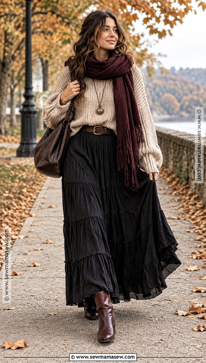 Witchy Chunky Sweater And Tiered Maxi Skirt Outfit - 20 Witchy Outfits Fall