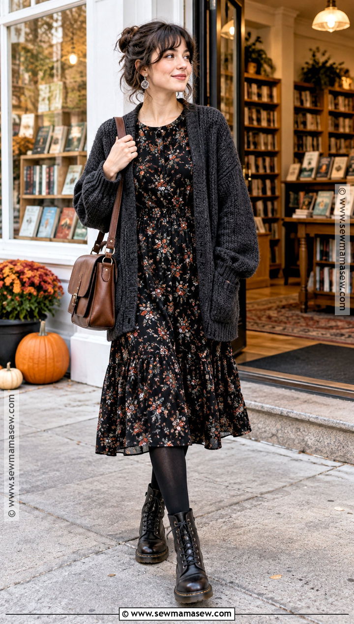 Witchy Dark Floral Midi Dress And Cardigan Outfit - 20 Witchy Outfits Fall