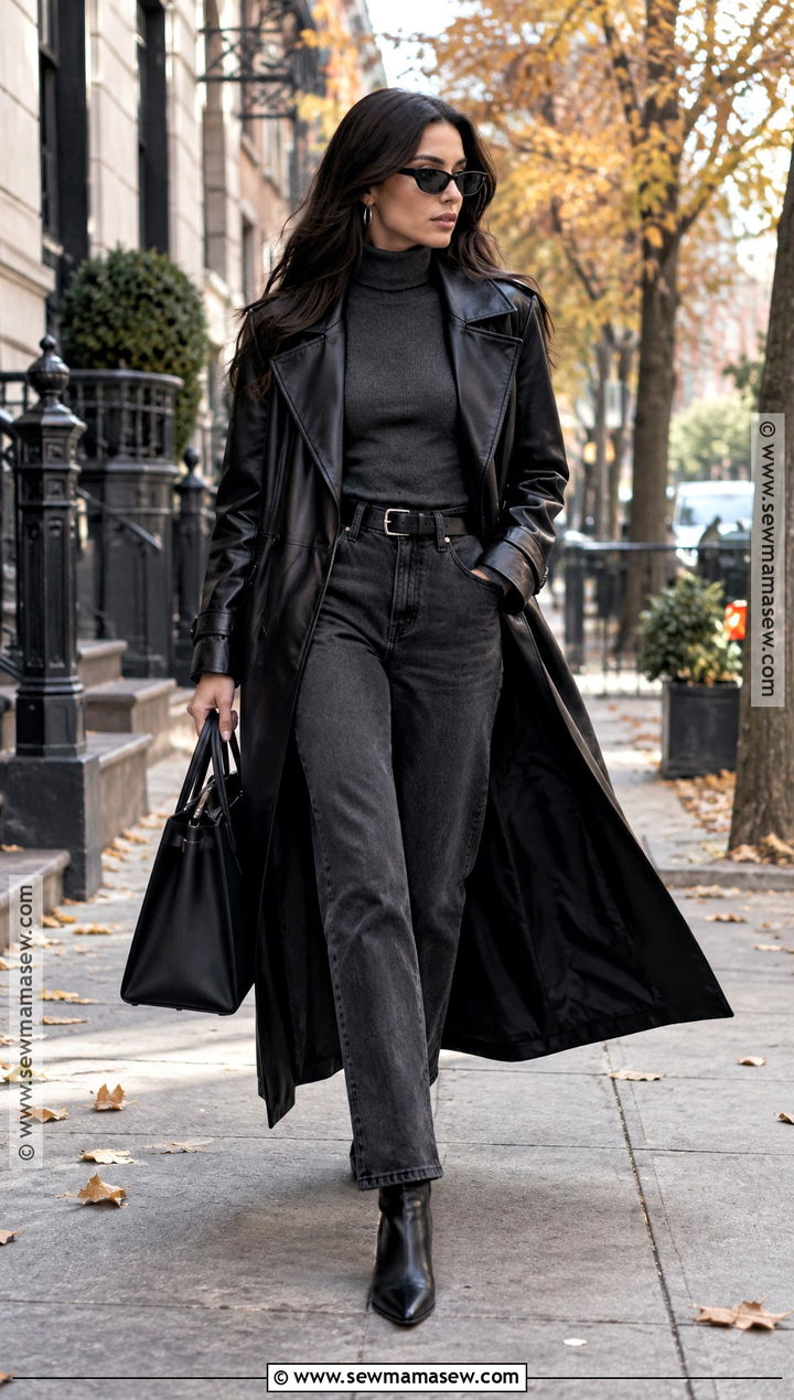 Witchy Leather Trench Coat And Dark Denim Outfit - 20 Witchy Outfits Fall
