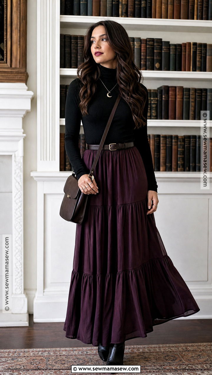 Witchy Maxi Skirt Halloween Outfit With Black Turtleneck - 30 Halloween Casual Outfits