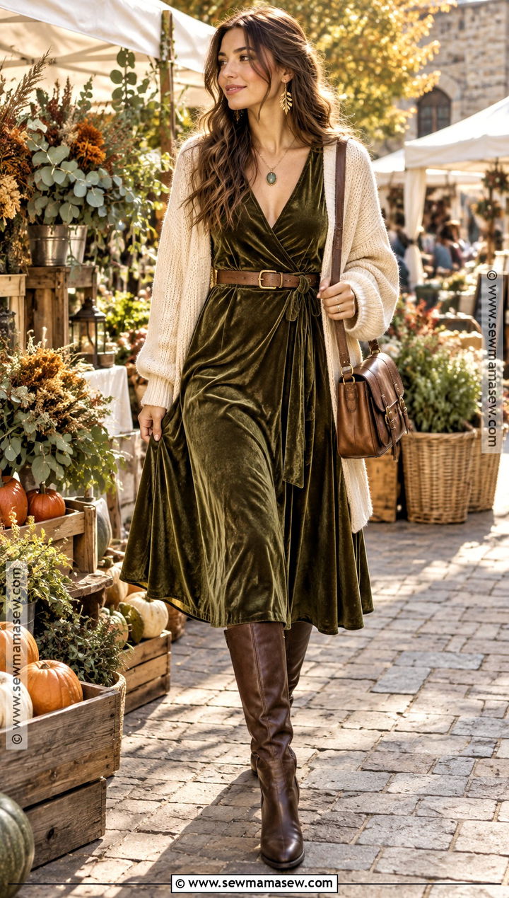 Witchy Olive Wrap Dress And Brown Boots Outfit - 20 Witchy Outfits Fall