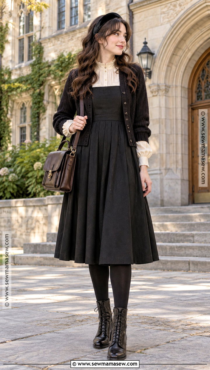 Witchy Pinafore Dress And Puff Sleeve Blouse Outfit - 20 Witchy Outfits Fall