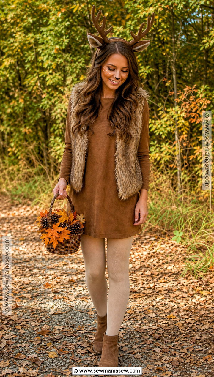 Woodland Deer Costume With Brown Dress - 30 Solo Halloween Costumes Women Brunette