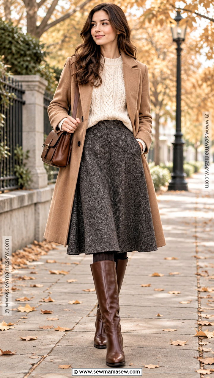 Wool A Line Skirt With Cable Knit Sweater And Riding Boots - 30 fall skirt outfits