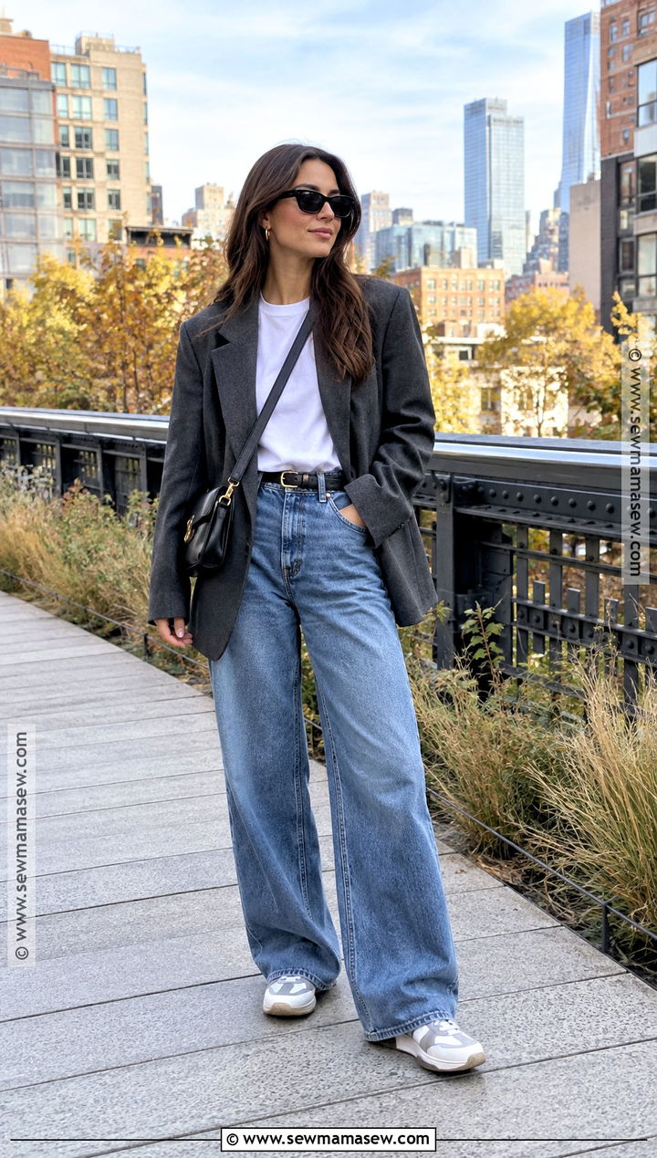 Wool Blazer With White Tee And Wide Leg Jeans - 15 Weekend In New York City Outfits Fall