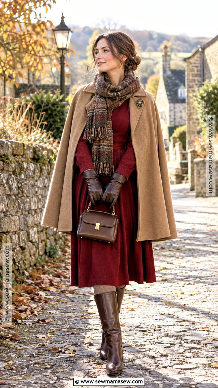 Wool Cape And Midi Dress Fall Cottage Outfit - 20 Fall Cottage Outfits
