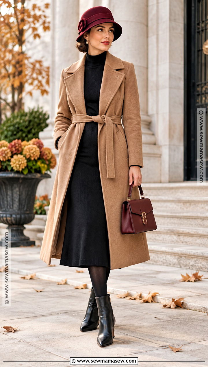 Wool Cloche With Wrap Coat and Midi Dress - 20 fall hat ideas