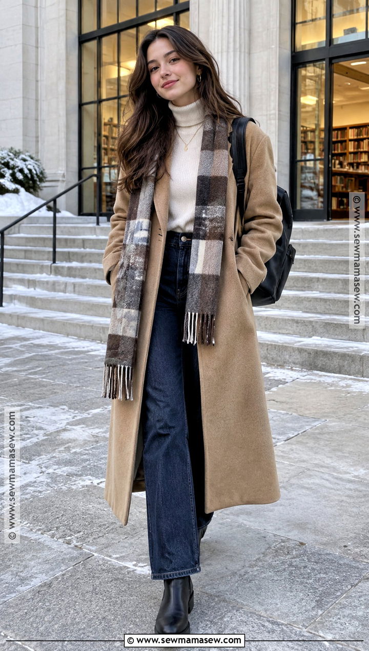 Wool Coat And Dark Wash Jeans Winter School Outfit - 15 winter outfits back to school