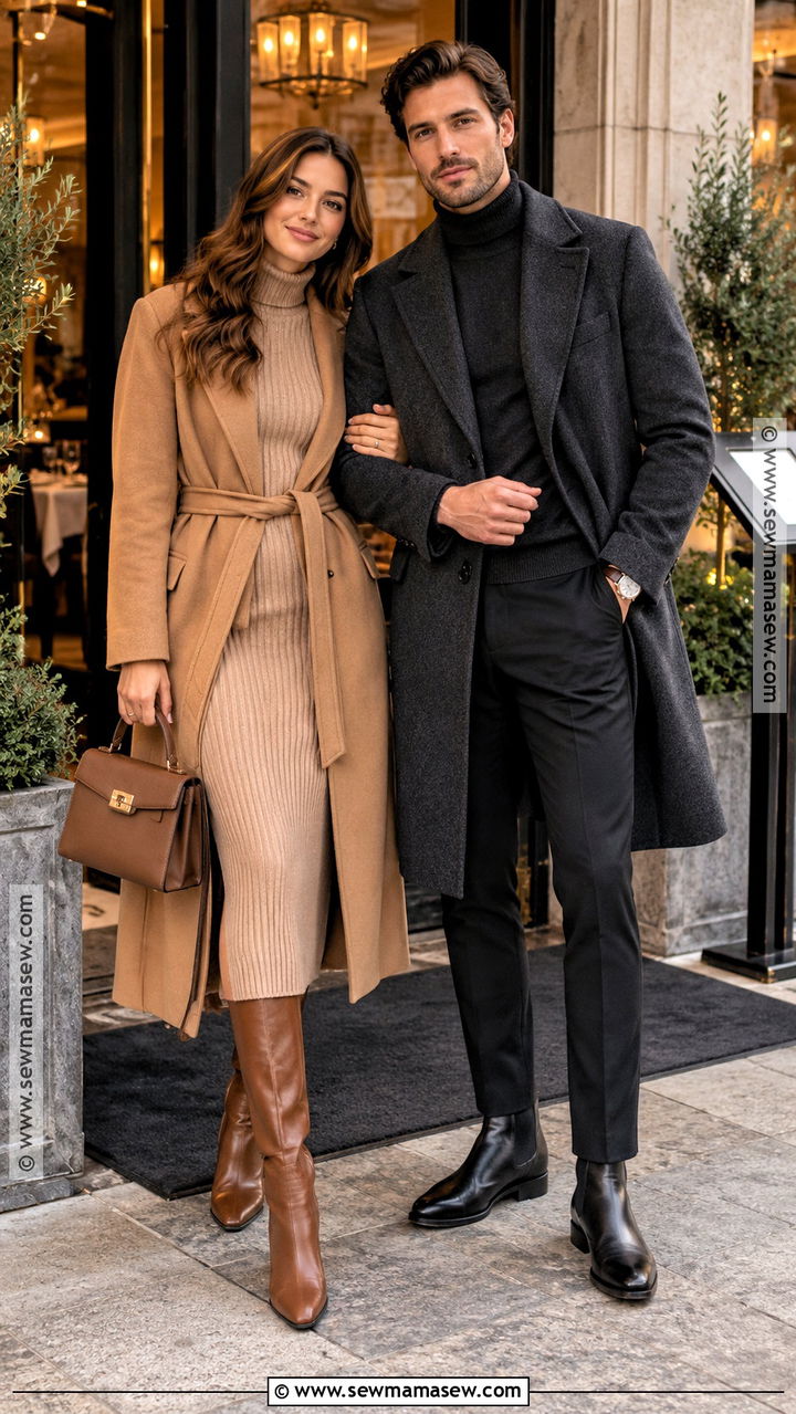 Wool Coat And Knit Dress Couple Outfit - 20 Fall Outfit Ideas for Couples