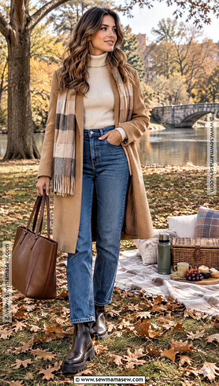 Wool Coat And Turtleneck Jeans Picnic Outfit - 25 fall picnic outfit ideas