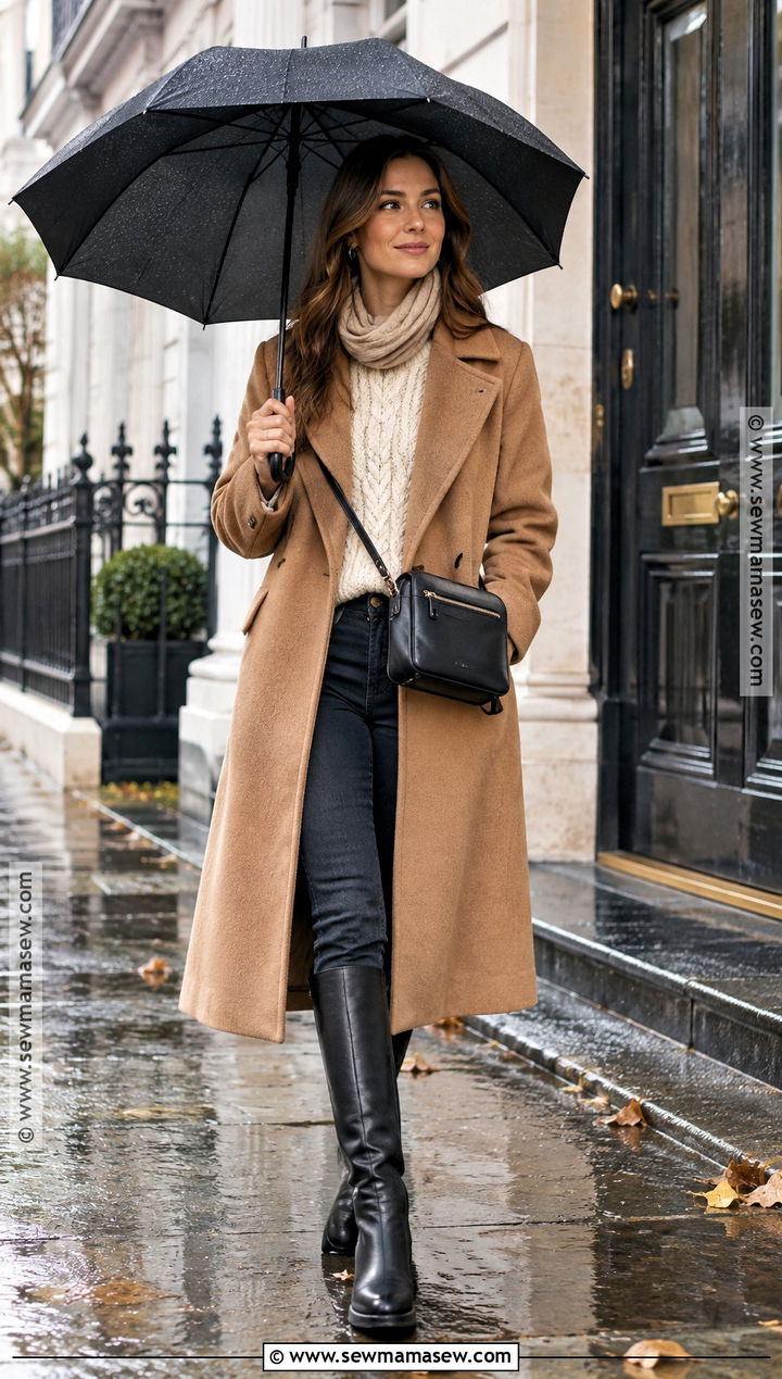 Wool Coat And Waterproof Boots Autumn Outfit - 20 rainy day autumn outfit ideas
