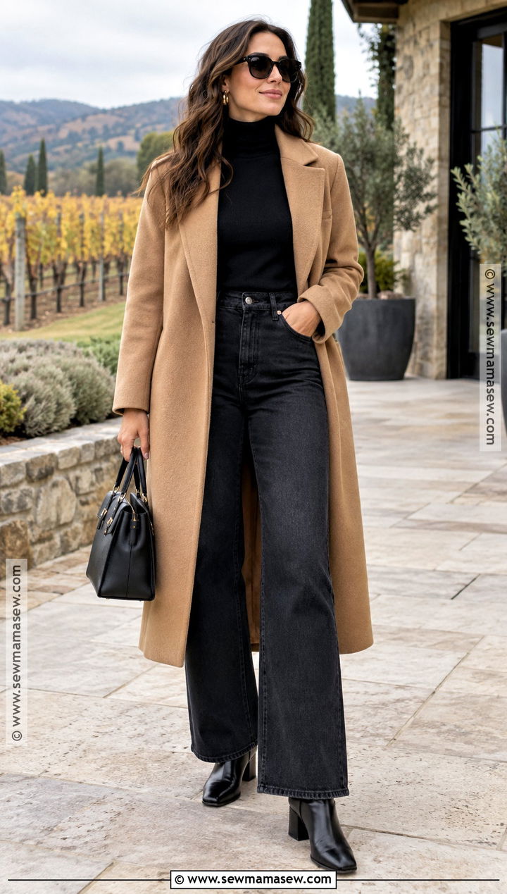Wool Coat And Wide Leg Jeans Fall Wine Tour Outfit - 20 wine tour outfit fall ideas
