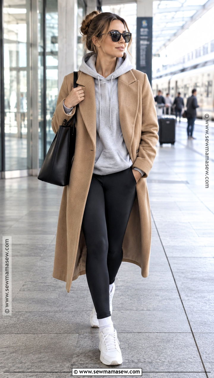 Wool Coat Hoodie Leggings And Sneakers Fall Outfit - 15 Elevated Basics Outfit Fall