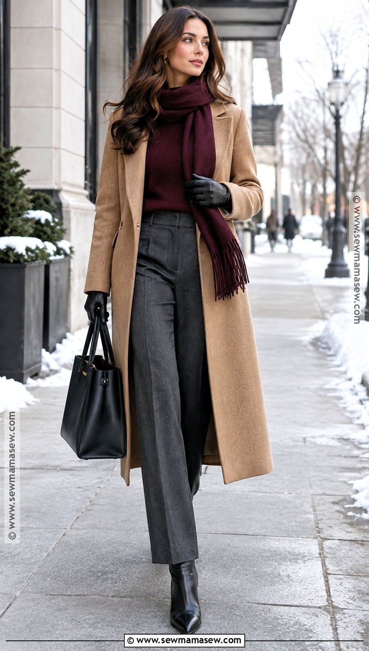 Wool Coat Sweater And Tailored Trousers Winter Outfit - 15 Outfit Inspo Fall And Winter Ideas