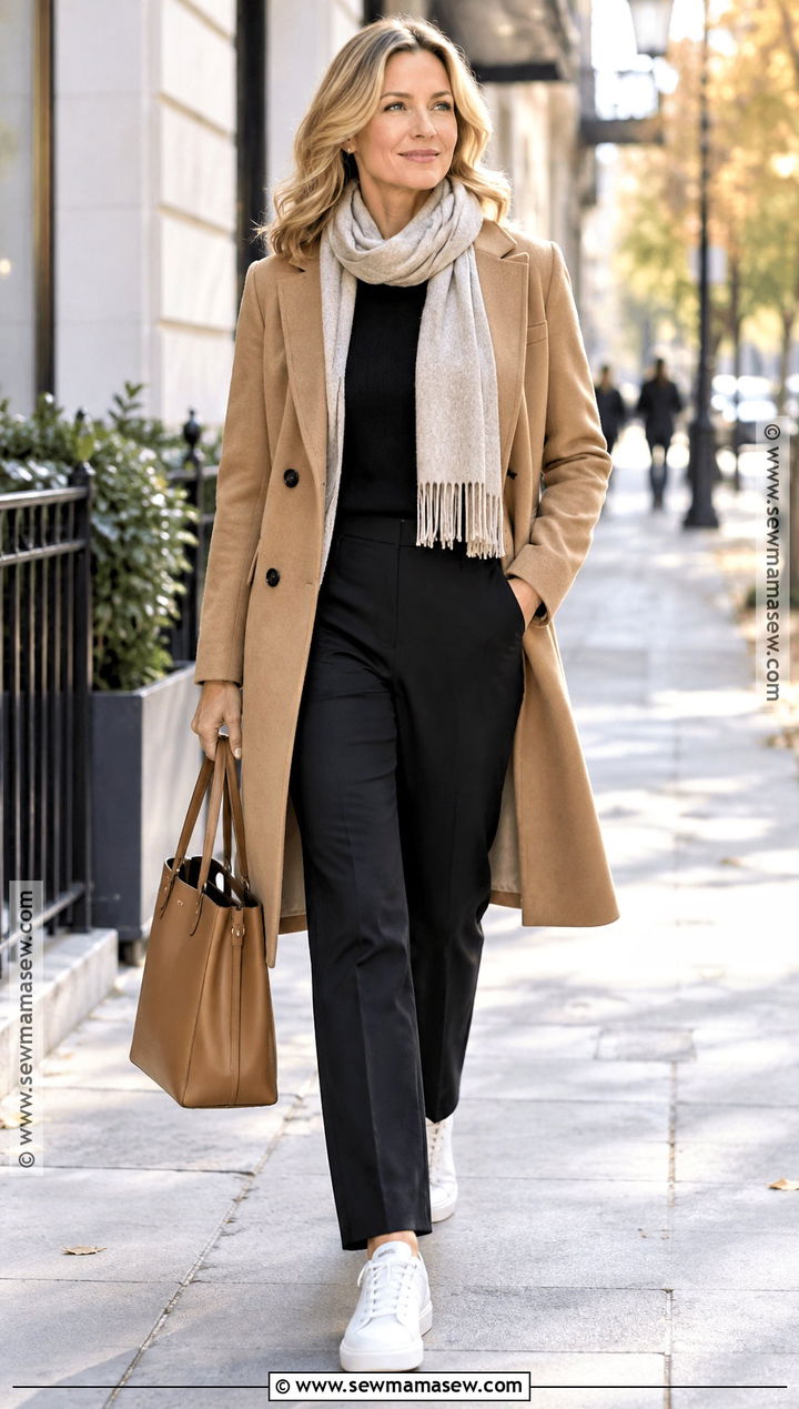 Wool Coat Sweater Straight Pants and Sneakers - 25 simple fall outfits