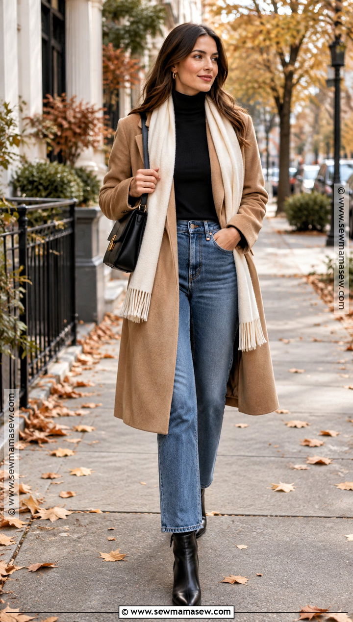 Wool Coat Turtleneck And Straight Leg Jeans Outfit - 15 november looks