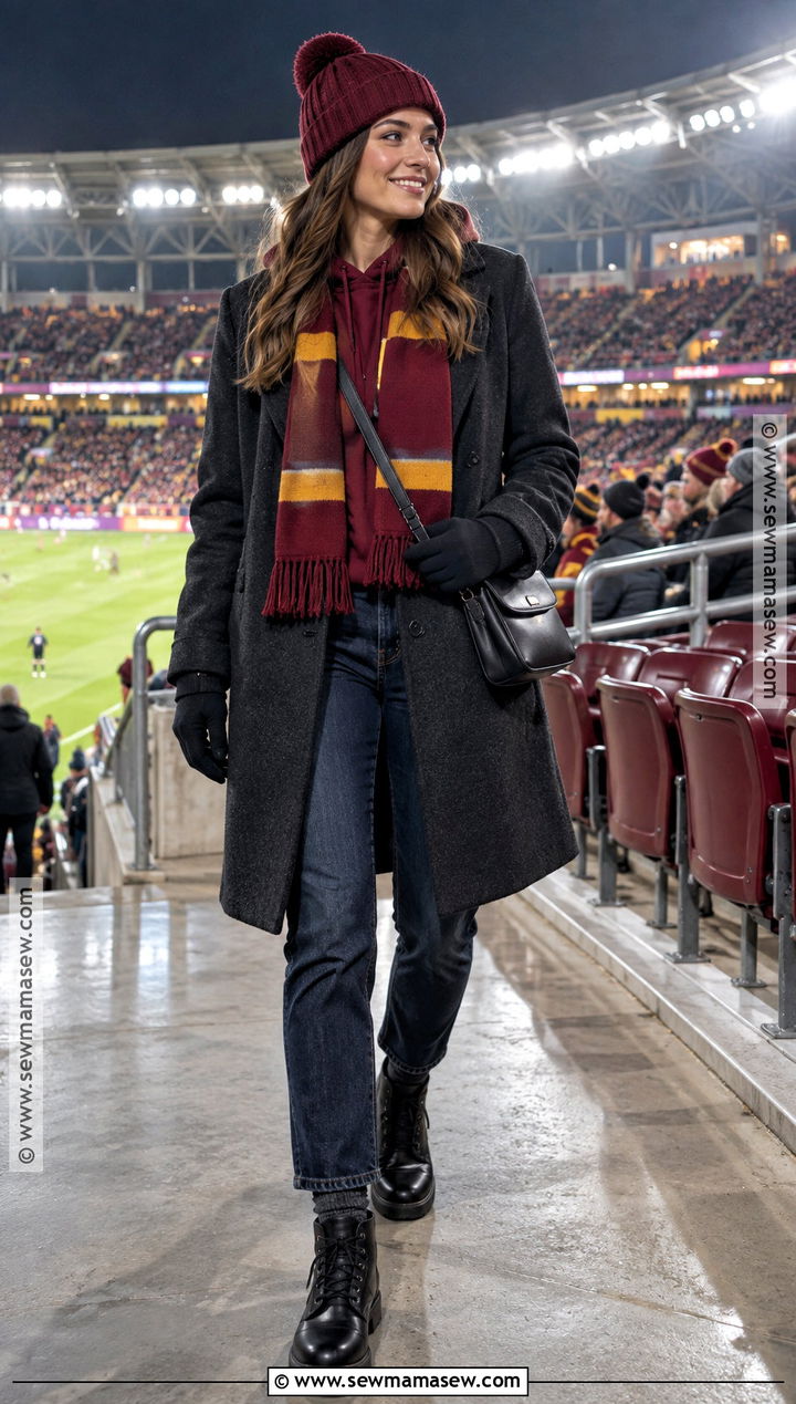 Wool Coat With Hoodie And Dark Wash Jeans - 15 fall soccer game outfit ideas