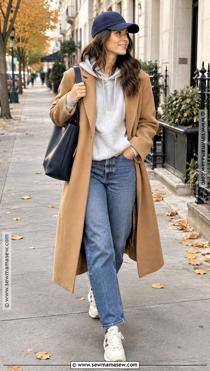 Wool Coat With Hoodie And Relaxed Jeans - 25 autumn layering outfit ideas