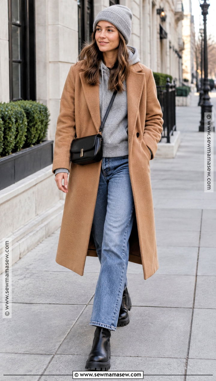 Wool Coat With Hoodie And Relaxed Jeans - 15 Autumn Winter Fashion Style Ideas