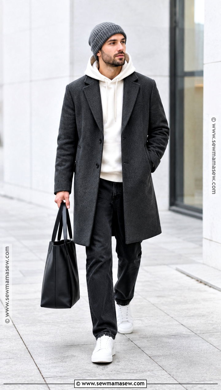 Wool Coat With Hoodie And Sneakers - 20 Casual Outfits Men Fall