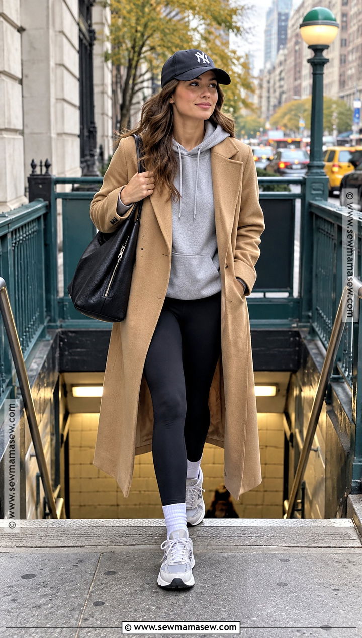 Wool Coat With Hoodie and Leggings Outfit - 20 New York October Outfit Ideas