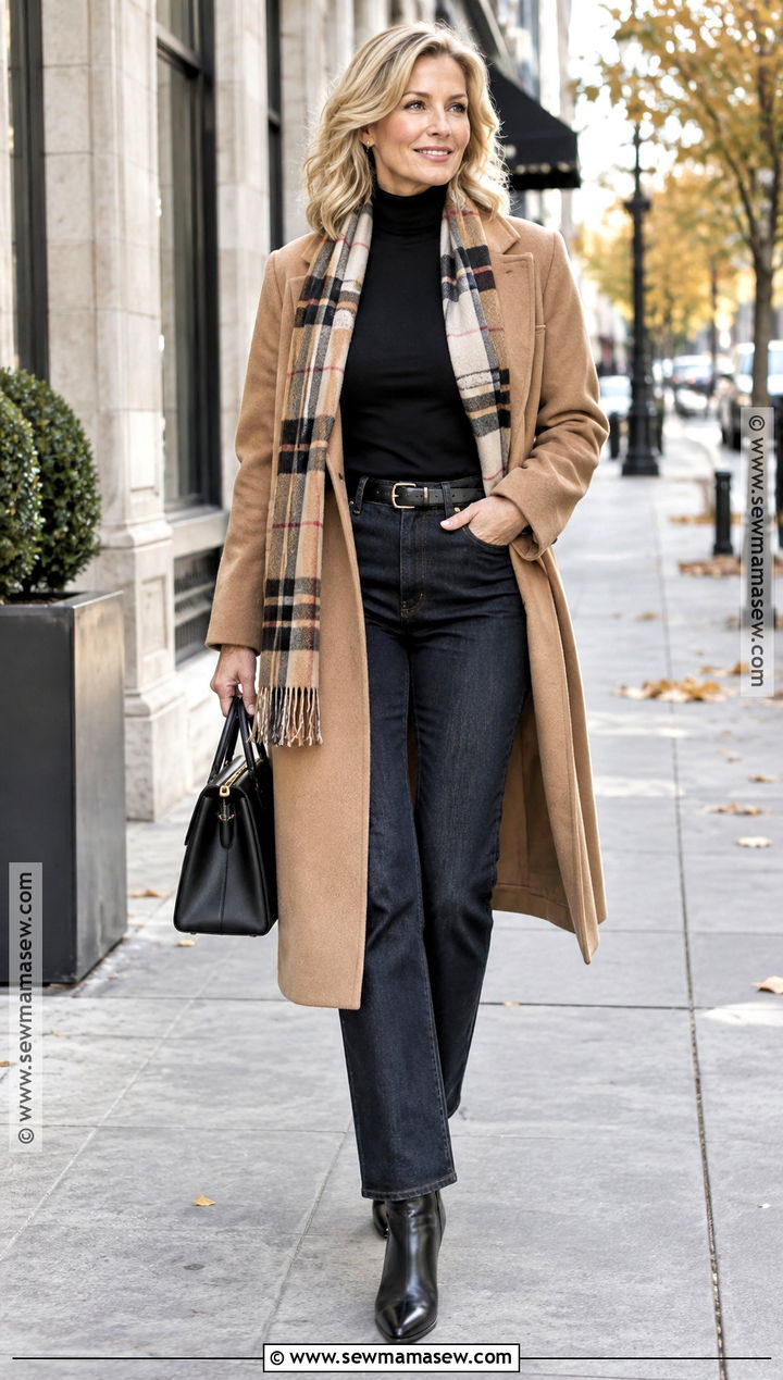 Wool Coat With Turtleneck And Dark Jeans - 25 fall day outfit ideas