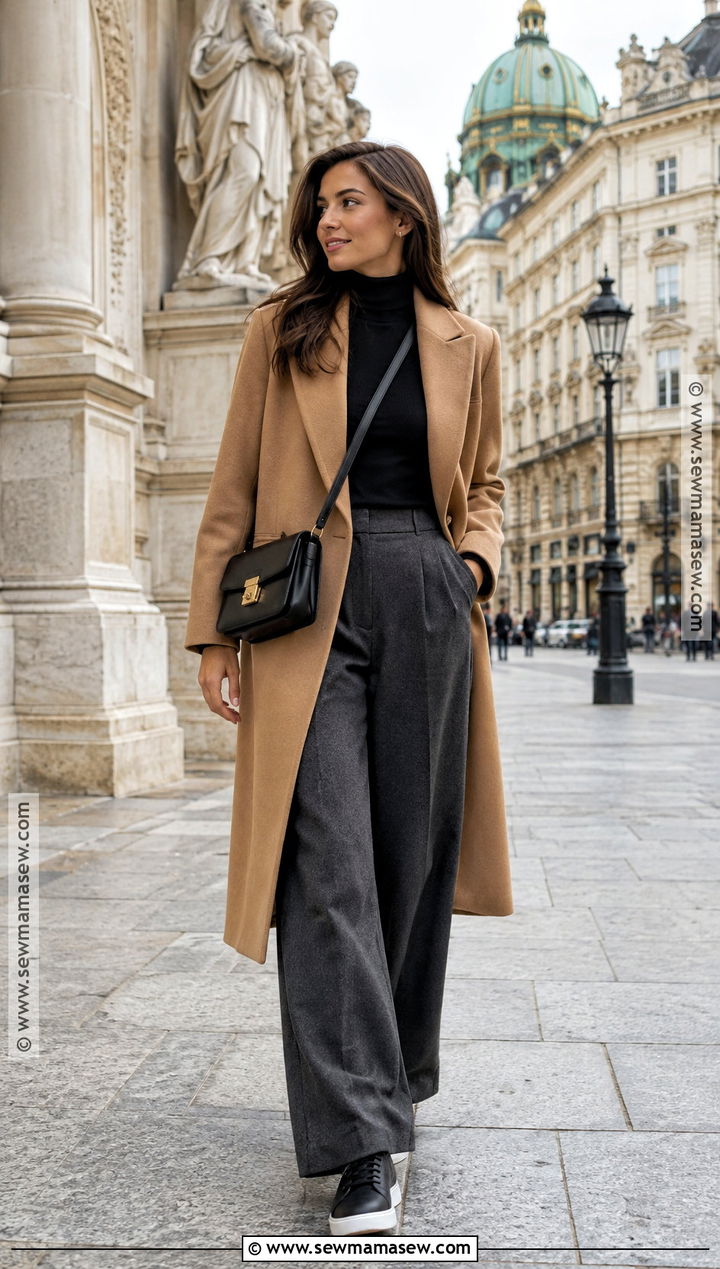 Wool Coat With Turtleneck And Wide Leg Trousers - 15 europe vacation outfits fall