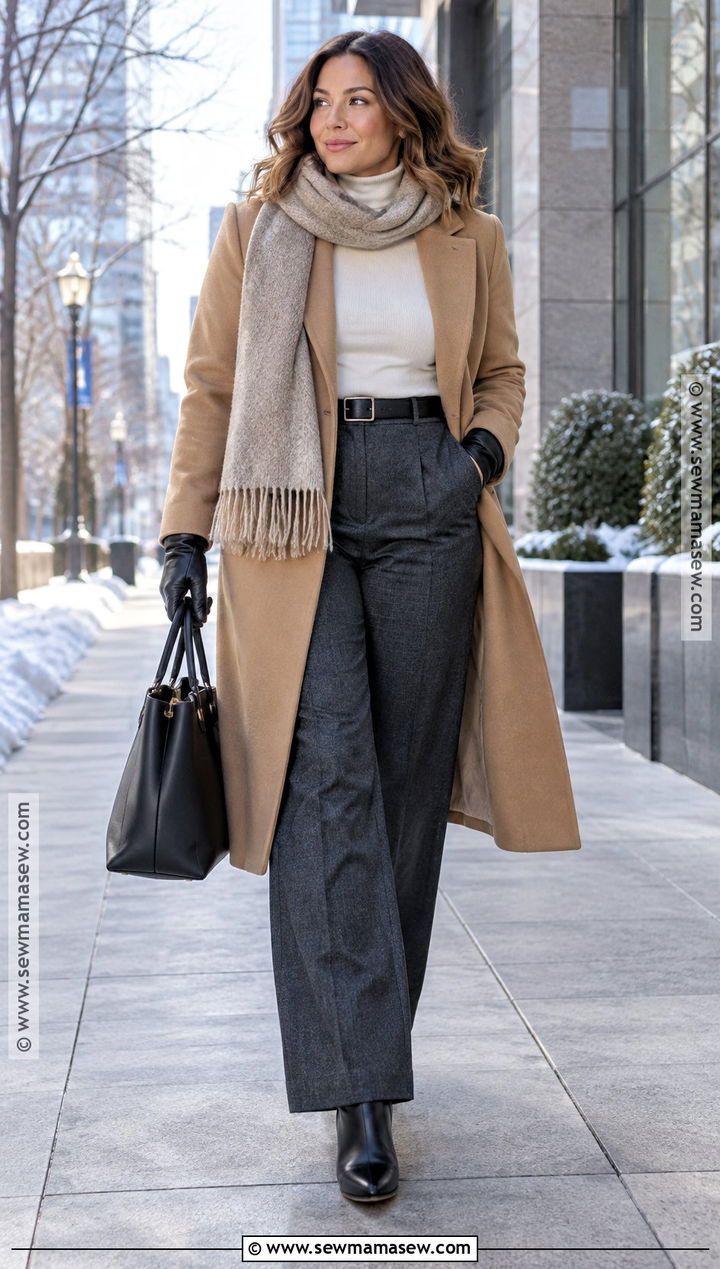 Wool Coat With Turtleneck And Wide Leg Trousers - 20 30 degree weather outfit fall ideas
