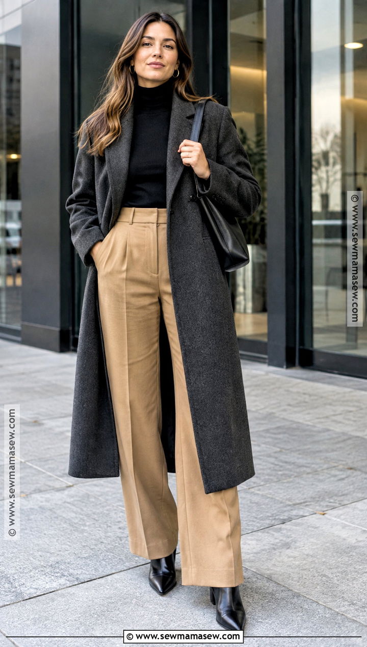 Wool Coat With Turtleneck And Wide Leg Trousers - 15 capsule wardrobe fall winter ideas 2026
