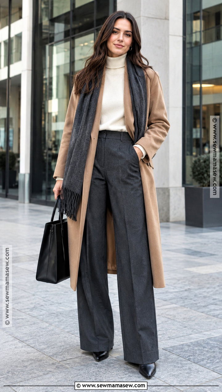 Wool Coat With Turtleneck and Tailored Trousers Winter Capsule Outfit - 25 fall winter capsule wardrobe ideas
