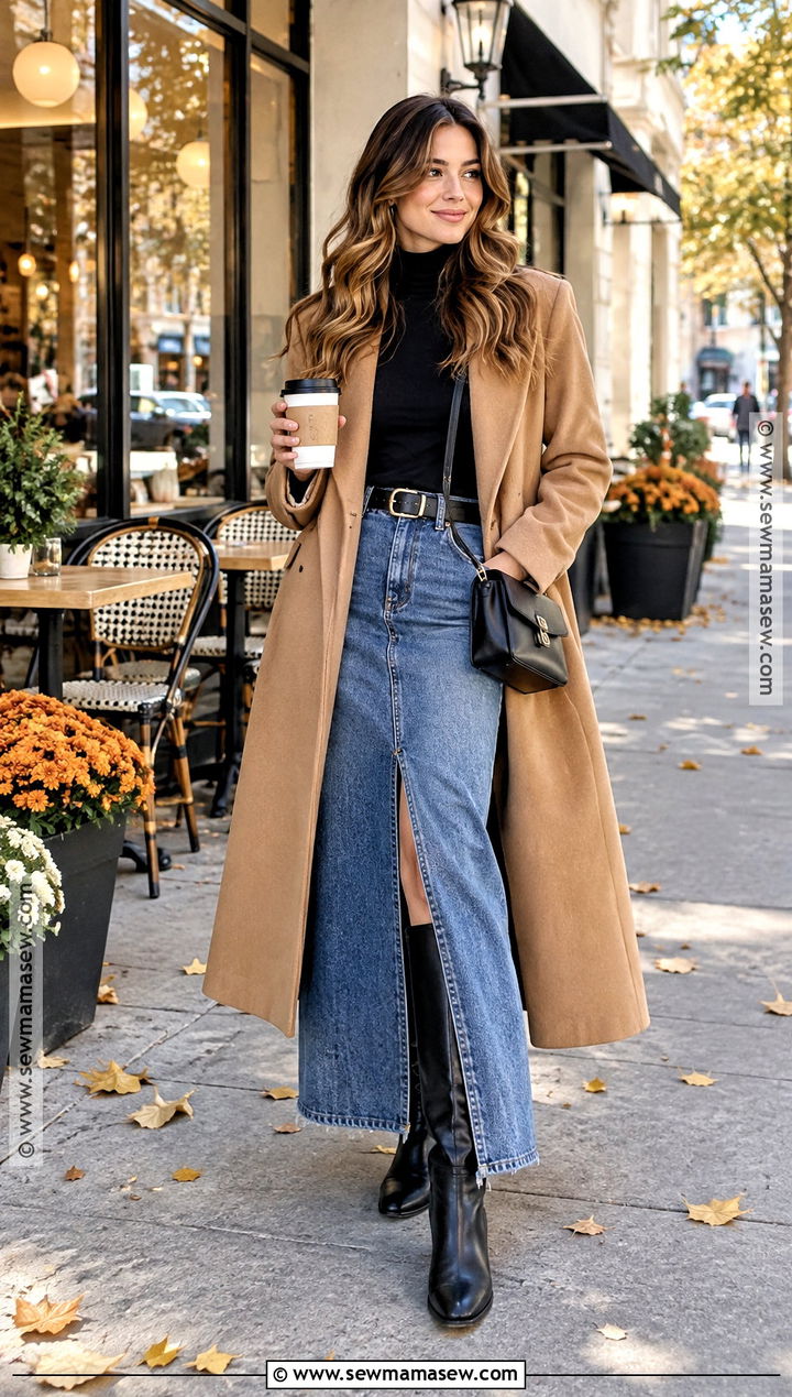 Wool Coat and Denim Maxi Skirt Outfit - 15 autumn winter street style ideas 2026