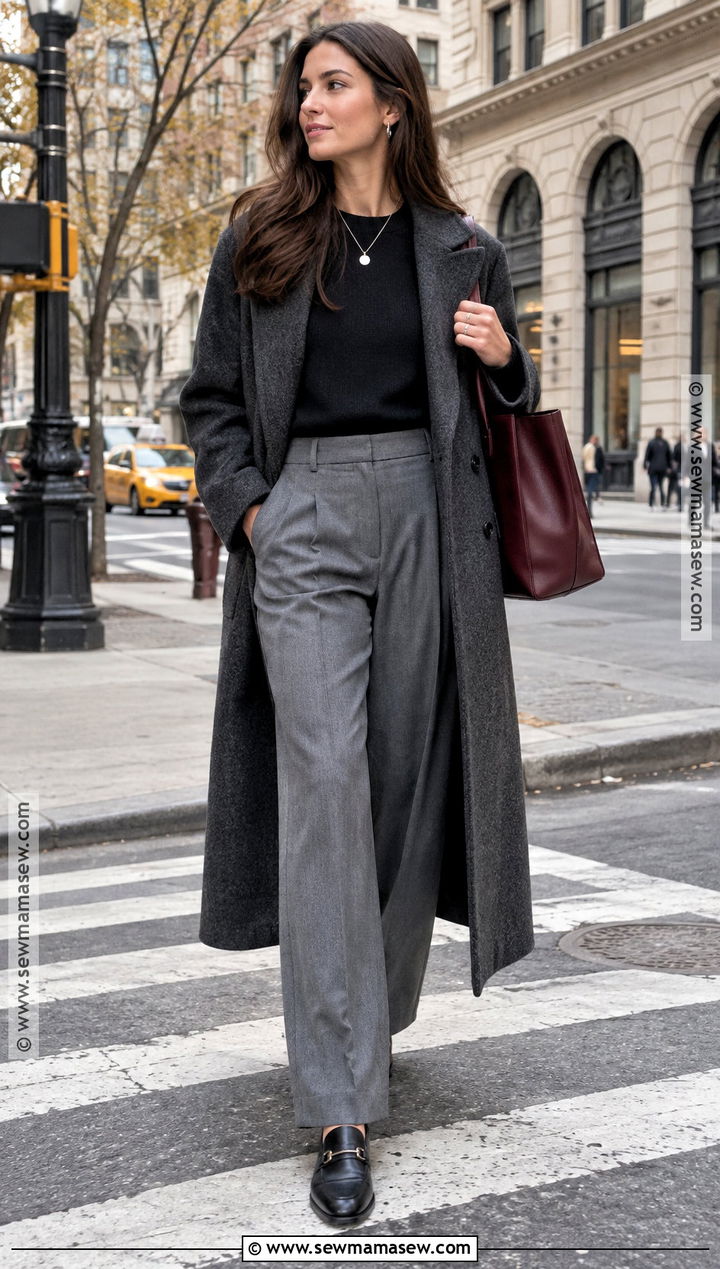 Wool Coat and Tailored Trousers New York Fall Outfit - 20 New York Aesthetic Outfits Fall