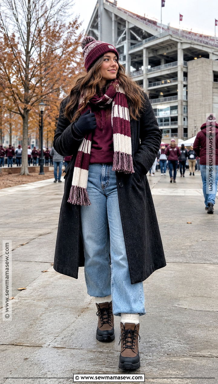 Wool Coat and Thermal Layers Cold Game Day Outfit - 20 fall college football game outfit ideas