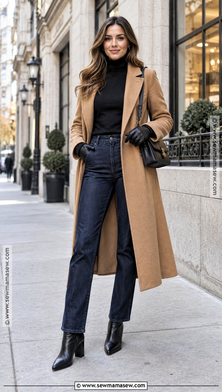 Wool Coat and Turtleneck Jeans Fall Outfit - 25 cute warm fall outfits