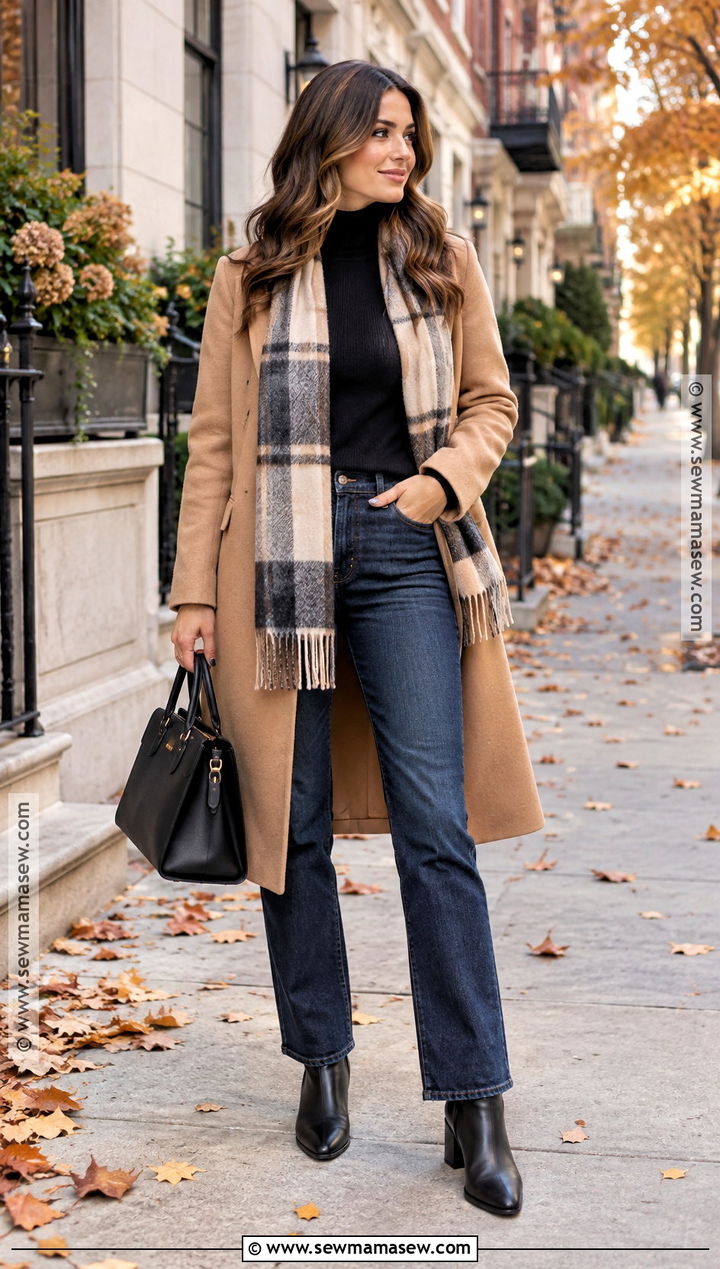 Wool Coat and Turtleneck Jeans Fall Outfit - 15 Women Fall Capsule Wardrobe Ideas