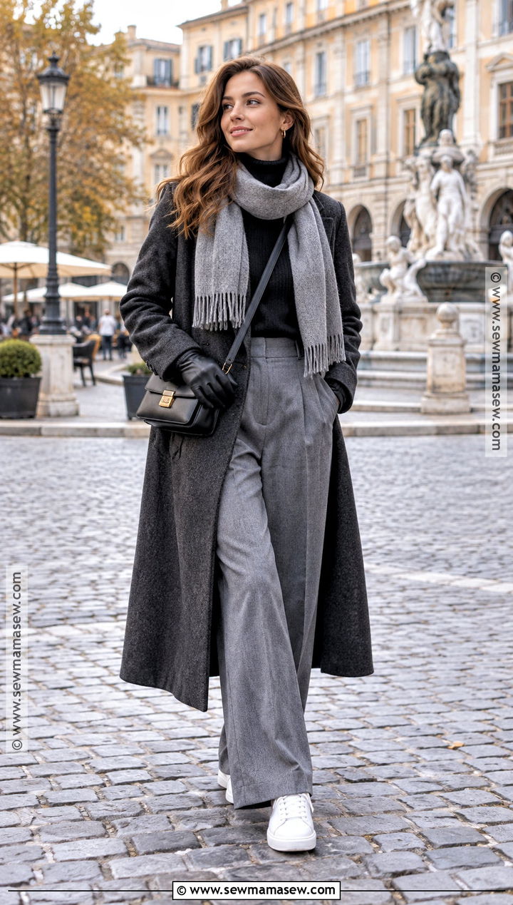 Wool Coat and Wide Leg Trousers Outfit - 20 Autumn City Break Outfit Ideas