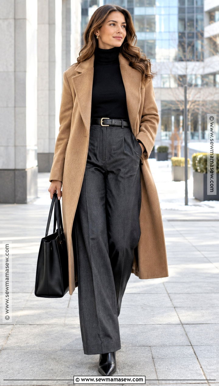 Wool Coat and Wide Leg Trousers Outfit - 15 fall winter capsule wardrobe ideas 2026