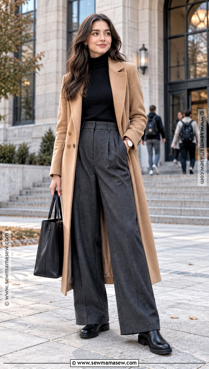 Wool Coat and Wide Leg Trousers Winter School Outfit - 20 winter back to school outfits