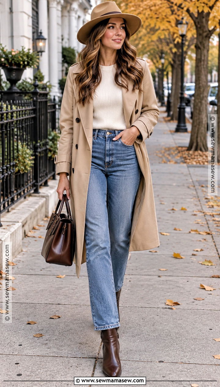 Wool Fedora With Trench Coat and Jeans - 20 fall hat ideas