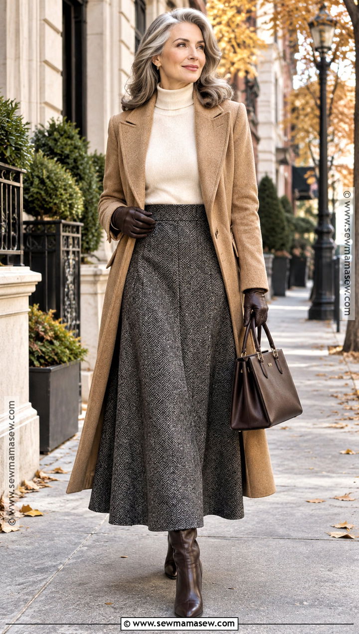 Wool Long Skirt With Mock Neck Sweater And Coat - 25 long skirt outfits fall
