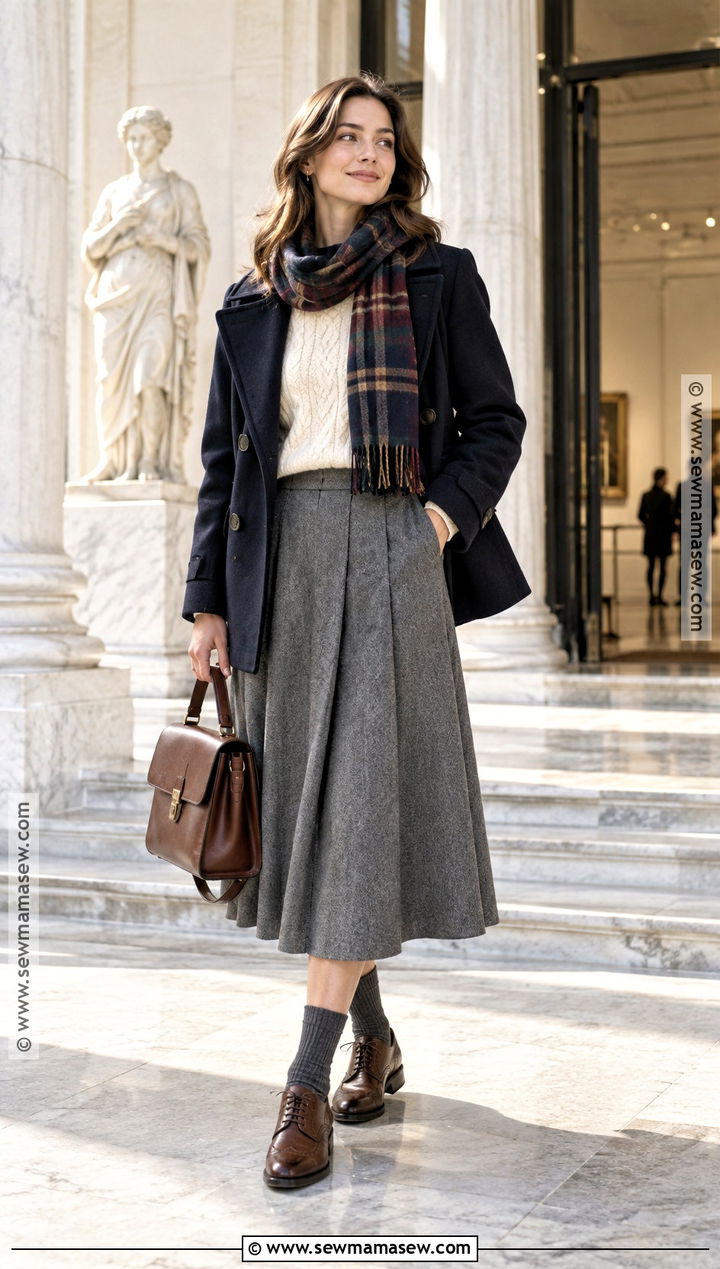 Wool Midi Skirt With Cable Knit Sweater And Brogues - 25 fall outfit skirt ideas