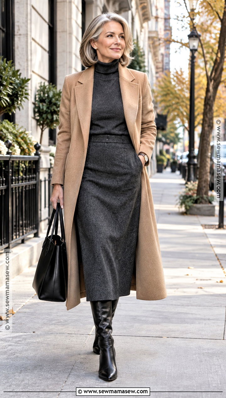 Wool Midi Skirt With Turtleneck And Long Coat - 20 cute fall skirt outfits